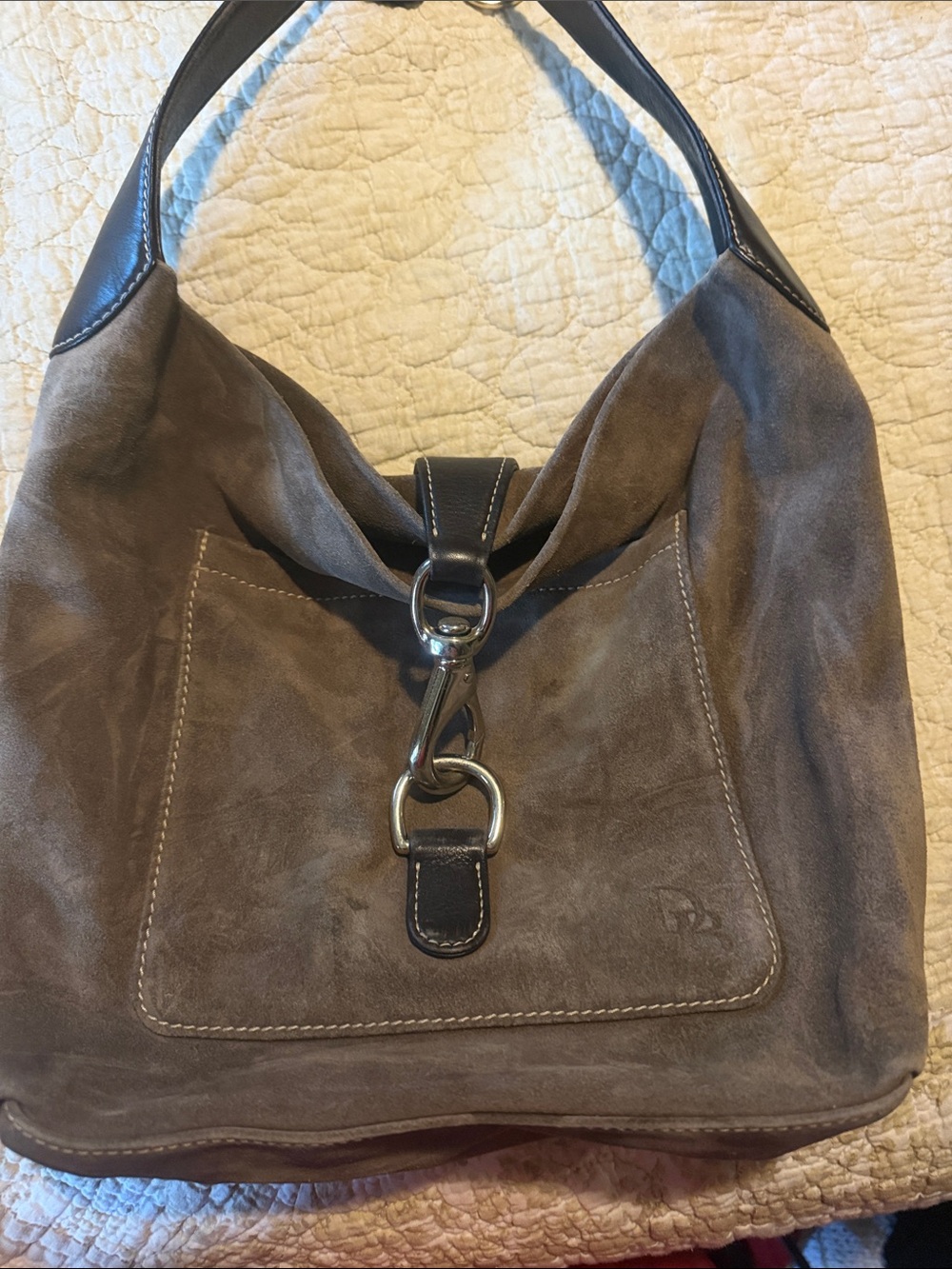 Dooney & Bourke Taupe Suede Hobo with Dark Brown Trim and Silver Hardware